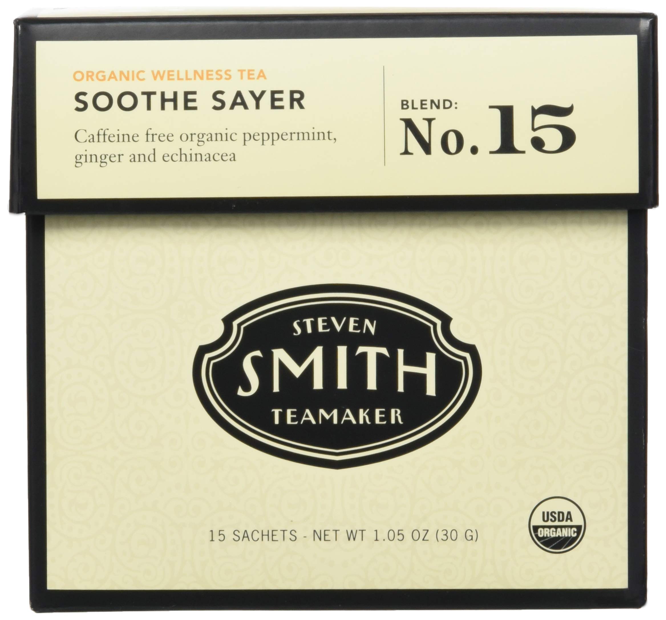 Steven Smith Teamaker Soothe Sayer No. 15 packaging highlights organic wellness for soothing moments.