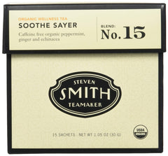 Steven Smith Teamaker Soothe Sayer No. 15 packaging highlights organic wellness for soothing moments.