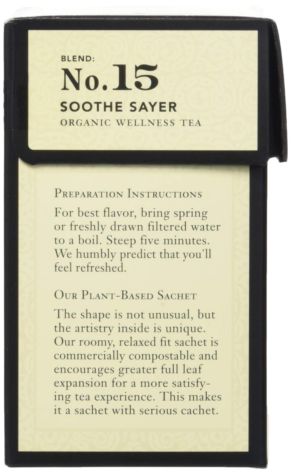 Compostable sachets reflect sustainable packaging for the organic wellness tea.