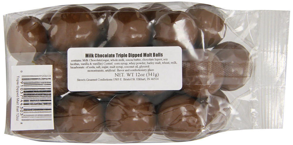 Closeup of Steve's Gourmet Confections Triple Dipped Malt Balls in milk chocolate.