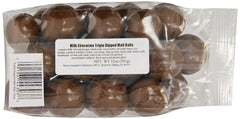 Closeup of Steve's Gourmet Confections Triple Dipped Malt Balls in milk chocolate.