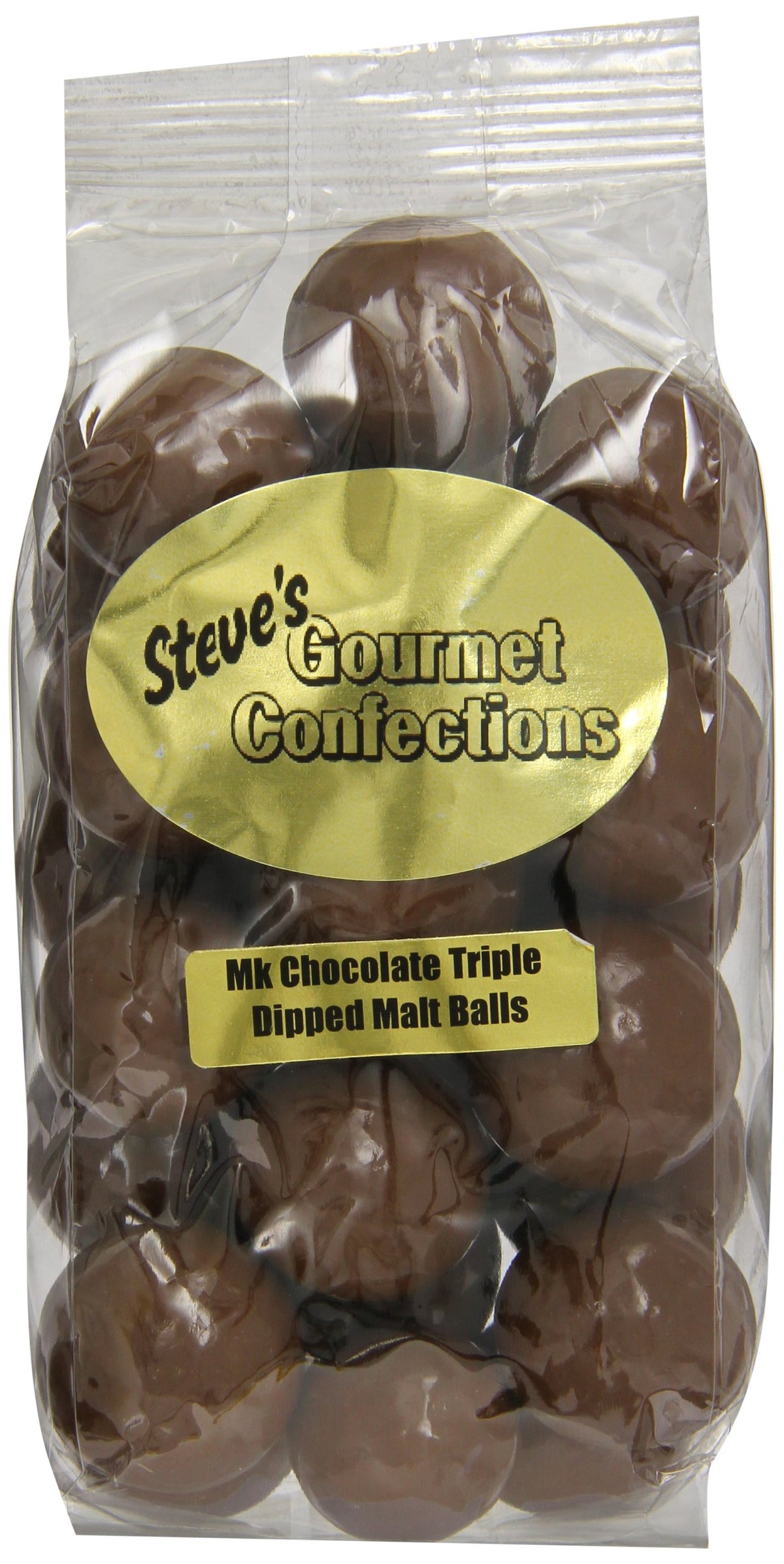 Steve's Gourmet Confections malt balls packaging highlights premium quality and freshness.