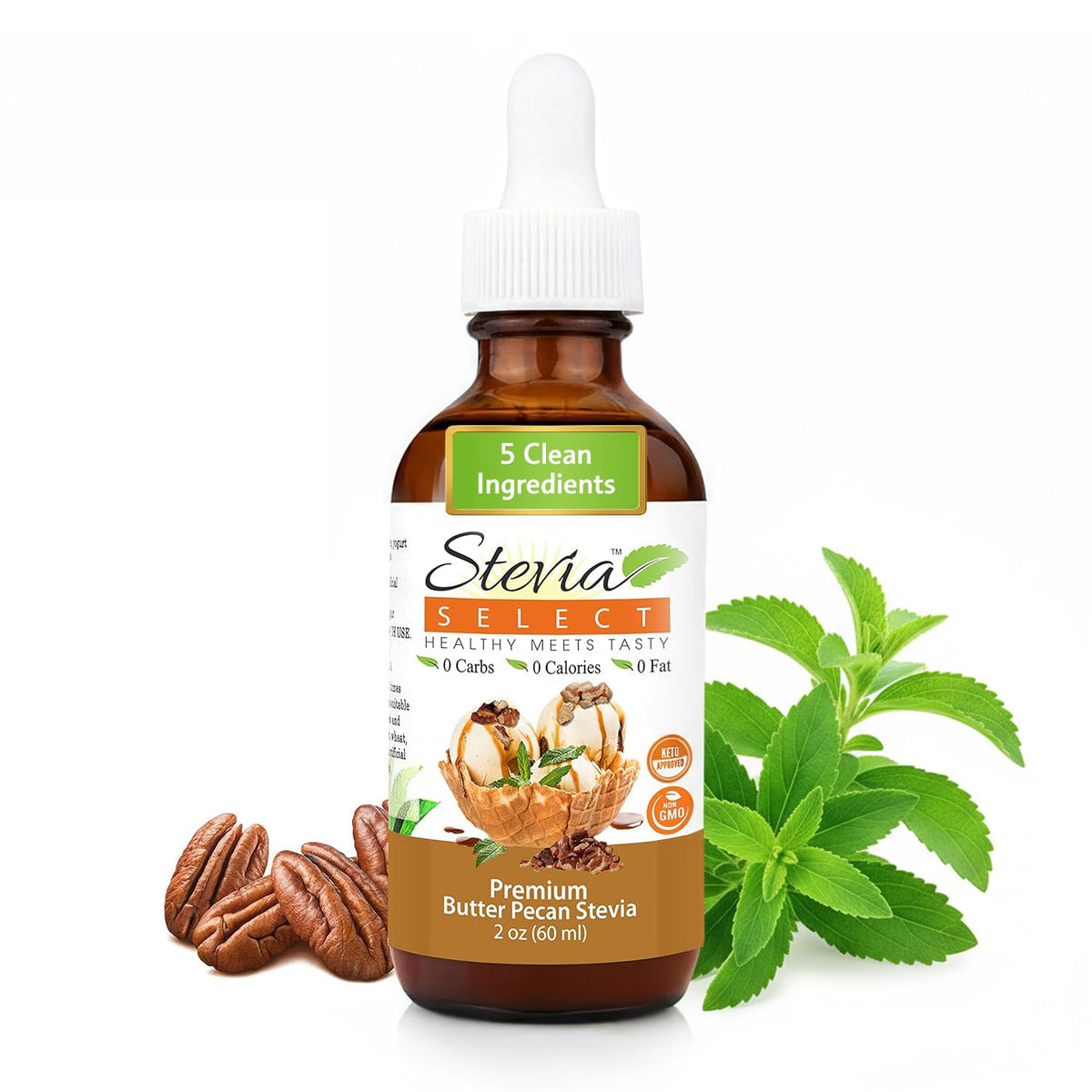 Stevia Select butter pecan bottle pour for smooth zero calorie flavor in beverages