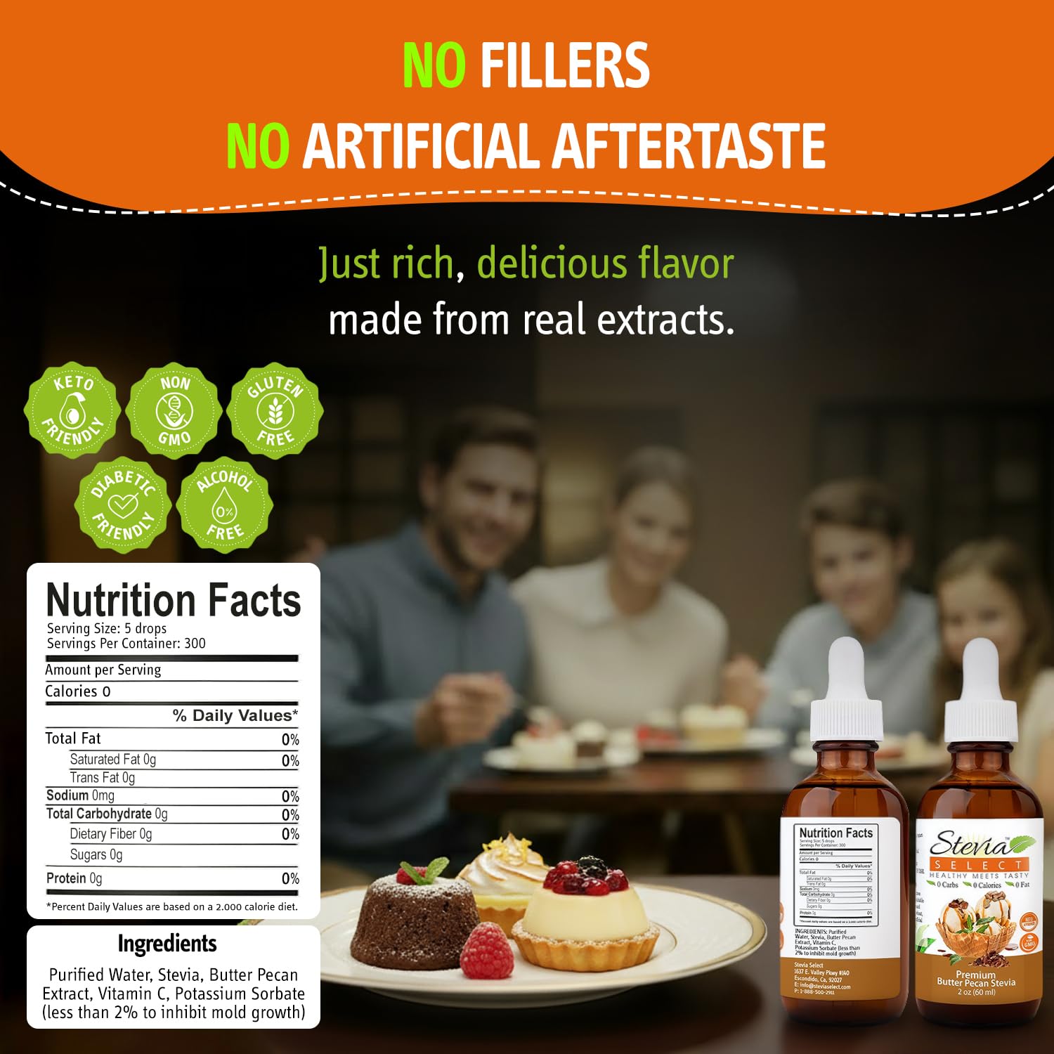Stevia Select butter pecan liquid drops provide precise sweetness without sugar