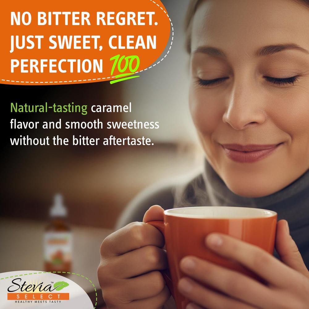 Stevia Select caramel liquid stevia dropper for accurate sweetness adjustments.