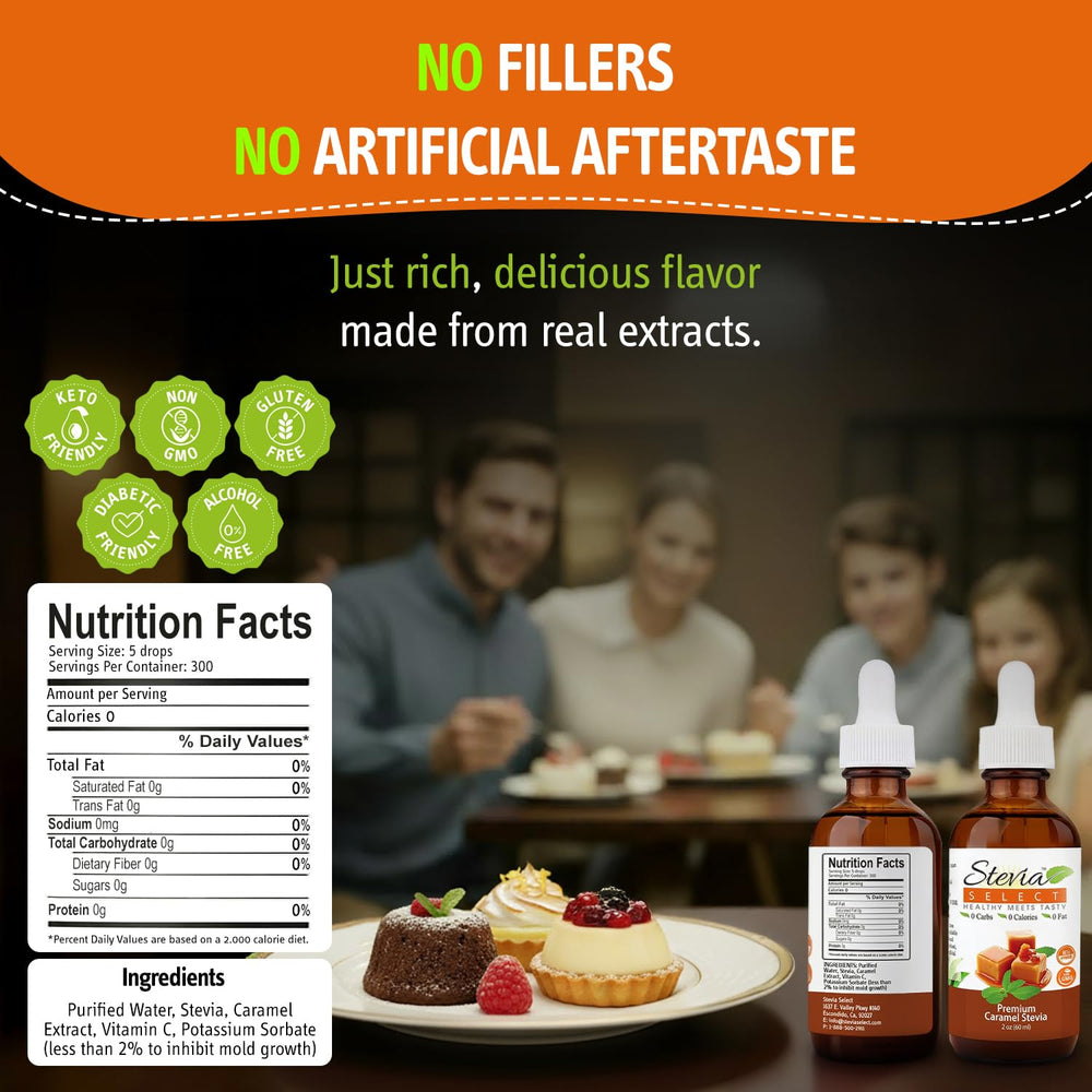 Stevia Select caramel liquid stevia drops close-up emphasizes precise flavor control.