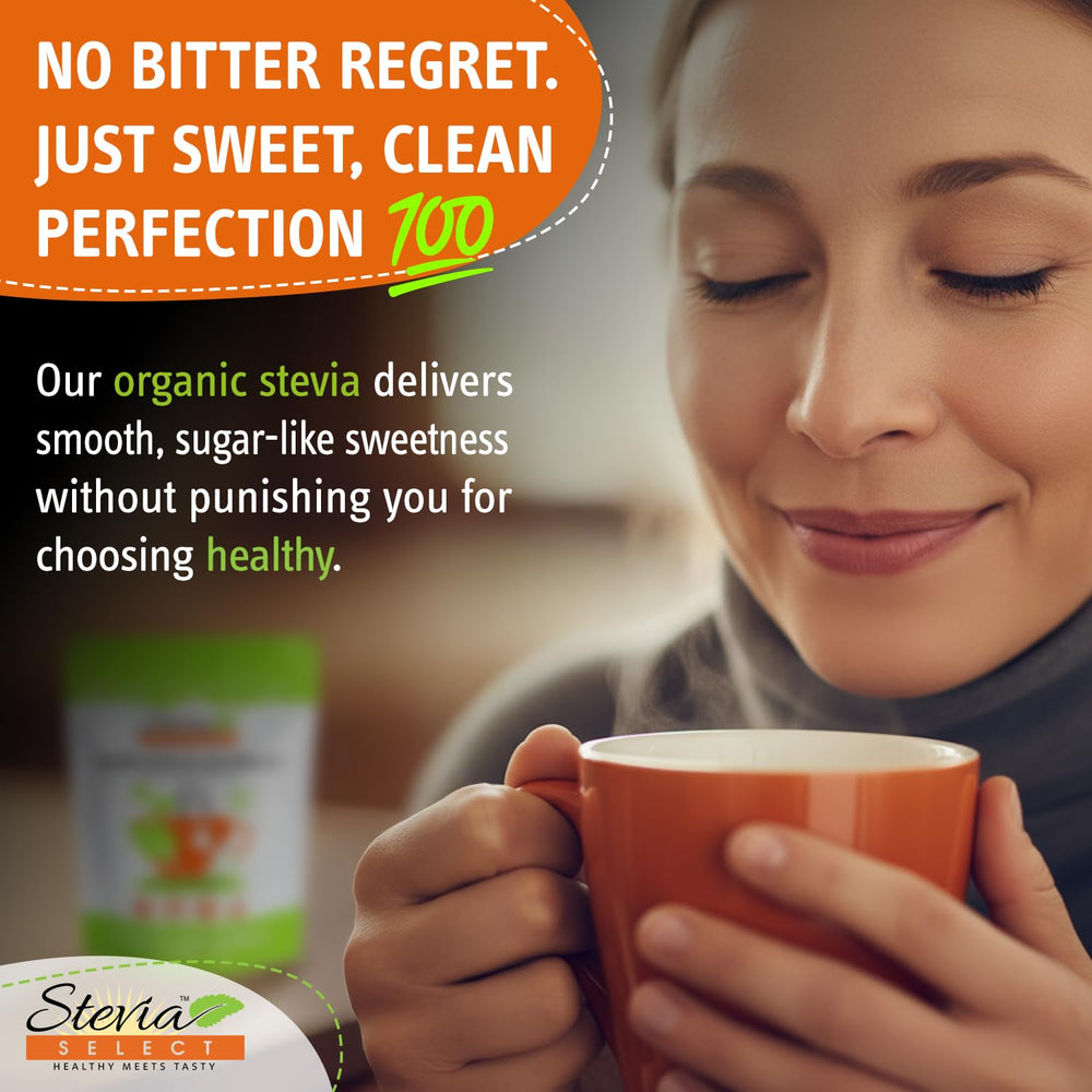 Stevia Select on coffee cup indicates seamless blending without bitterness.