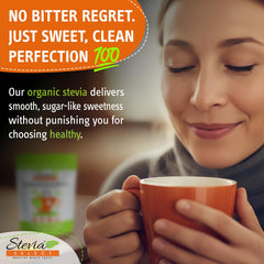 Stevia Select on coffee cup indicates seamless blending without bitterness.