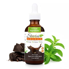 Stevia Select dark chocolate liquid stevia bottle pour for zero-calorie sweetness in drinks.