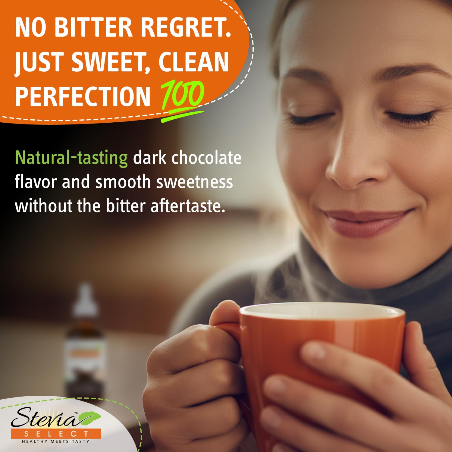 Stevia Select dark chocolate liquid stevia added to coffee for rich flavor without sugar.