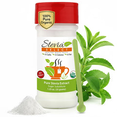 Stevia Select organic stevia powder bottle pour shows pure, additive-free sweetness