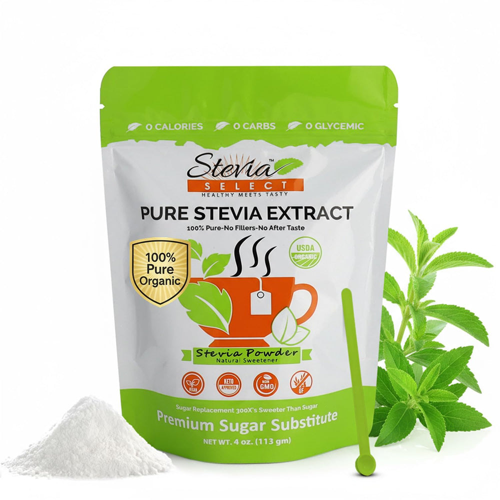 Stevia Select organic stevia powder packaging shows pure, additive-free sweetness for everyday use.
