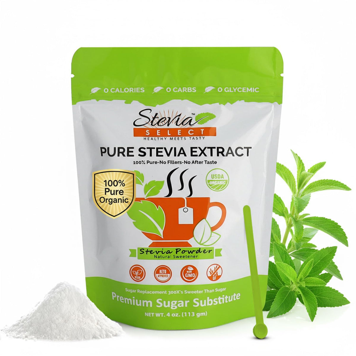 Stevia Select organic stevia powder packaging shows pure, additive-free sweetness for everyday use.