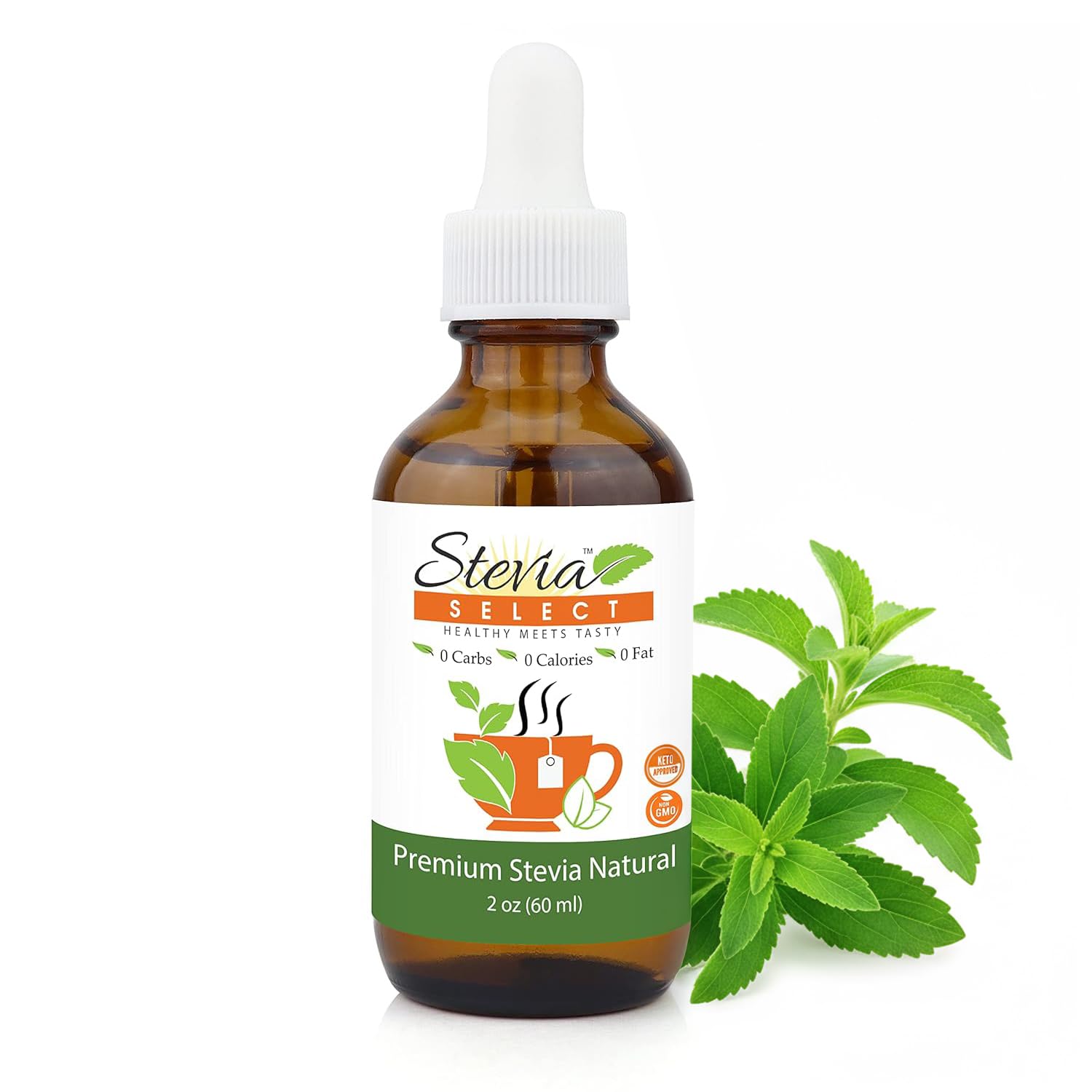 Stevia Select bottle with liquid drops for precise zero-calorie sweetness.