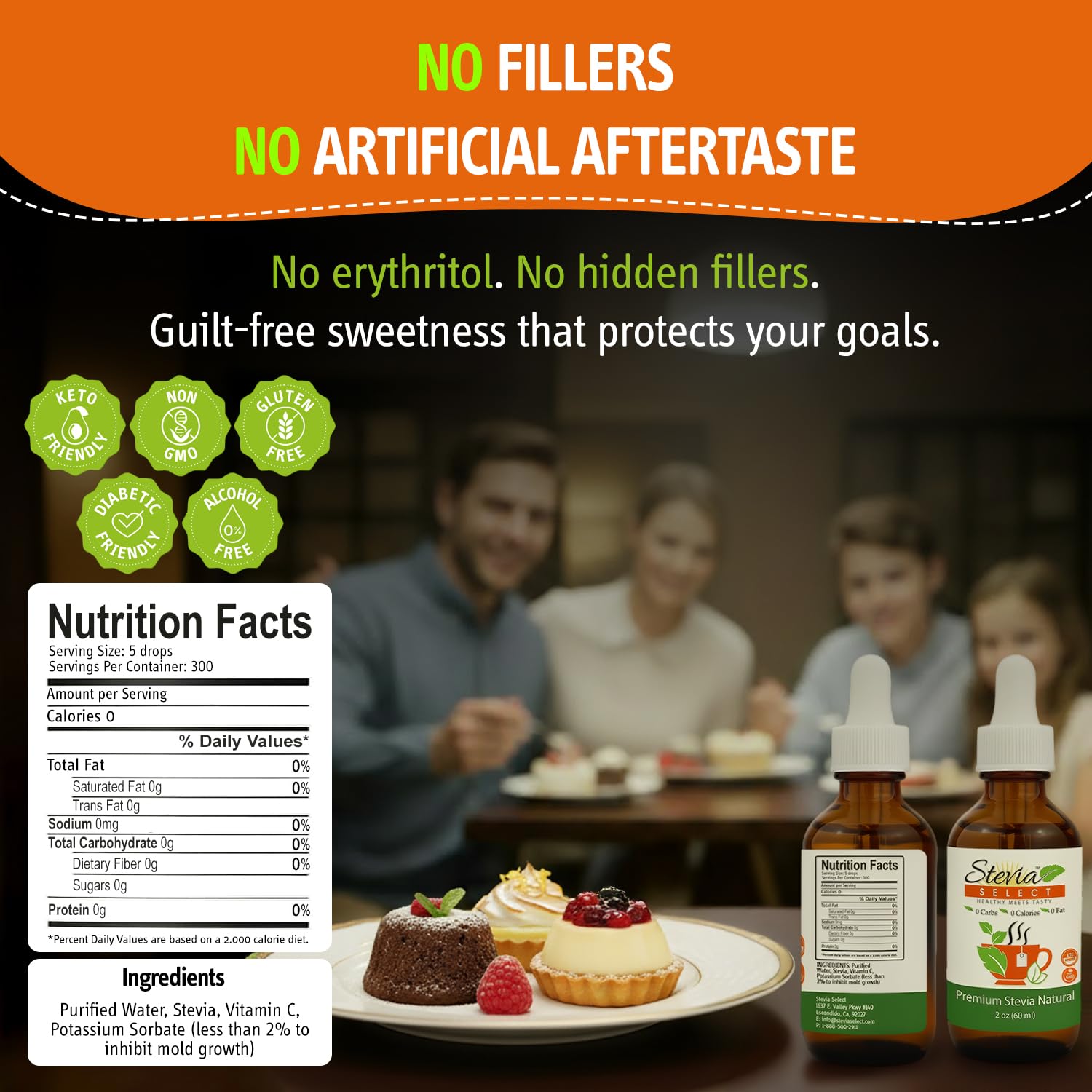 Precision dropper releasing Stevia Select liquid for controlled sweetness.