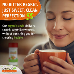 Stevia Select stevia powder stirred into coffee for instant sweetness