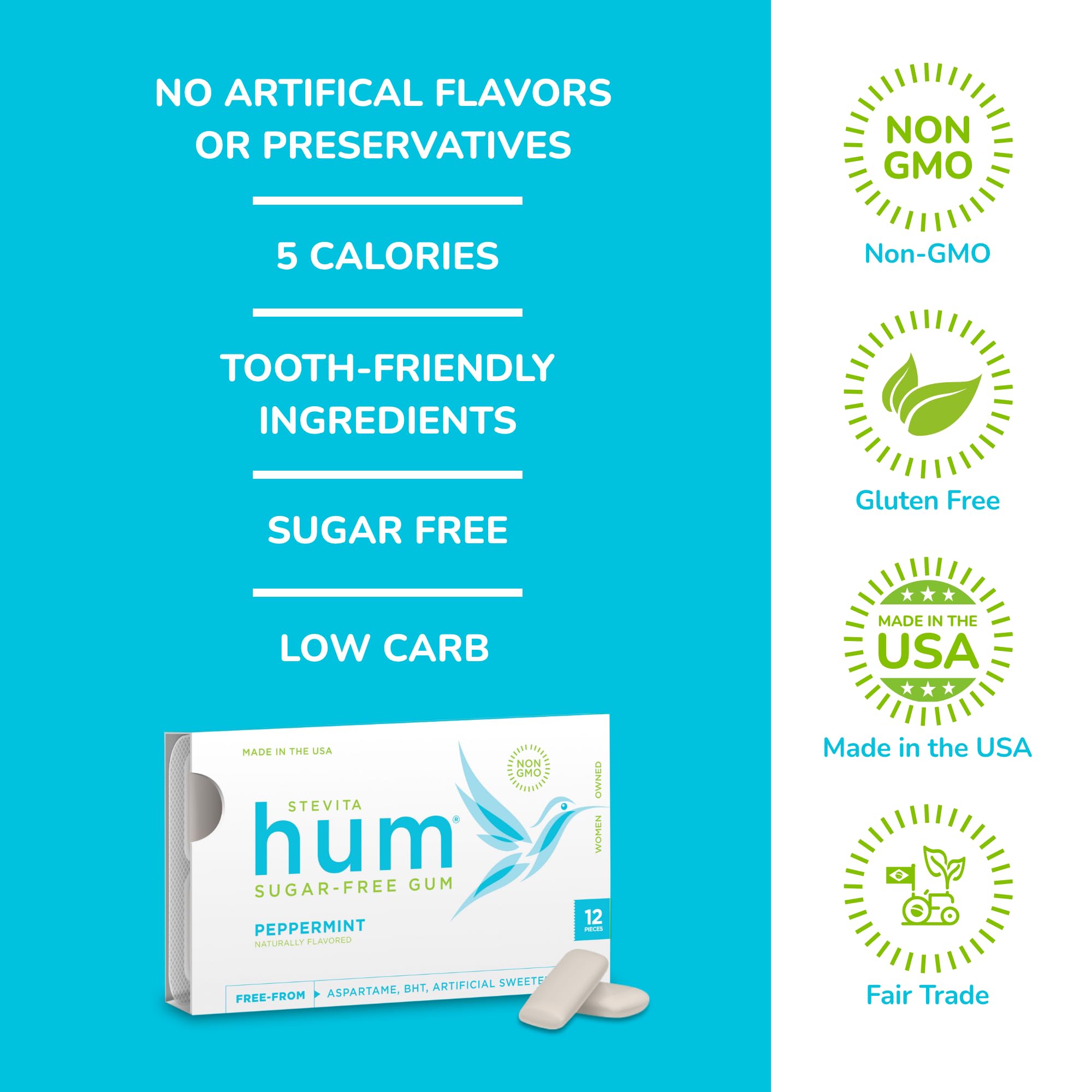 Stevita Hum Peppermint gum foil wrapped piece with mint aroma