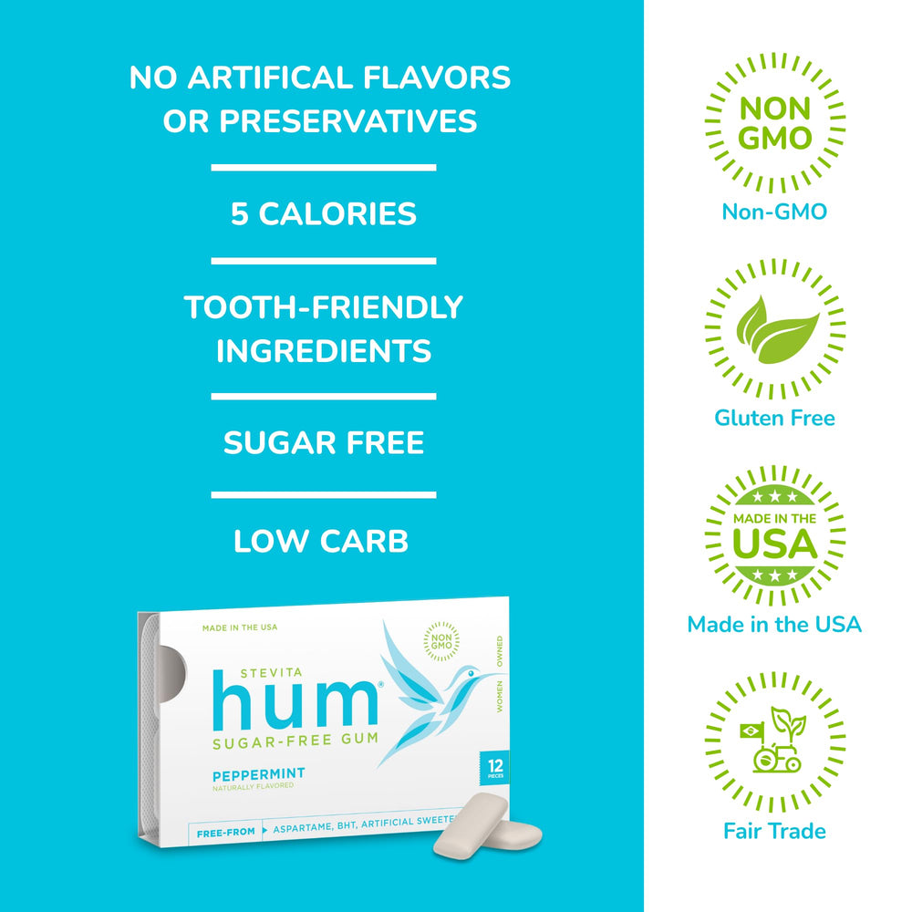 Stevita Hum Peppermint gum foil wrapped piece with mint aroma