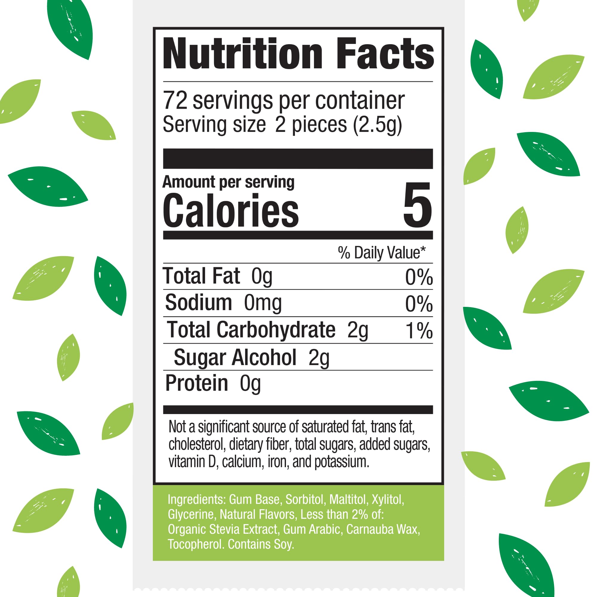 Stevita Hum Peppermint gum ingredients highlighting natural sweeteners blend