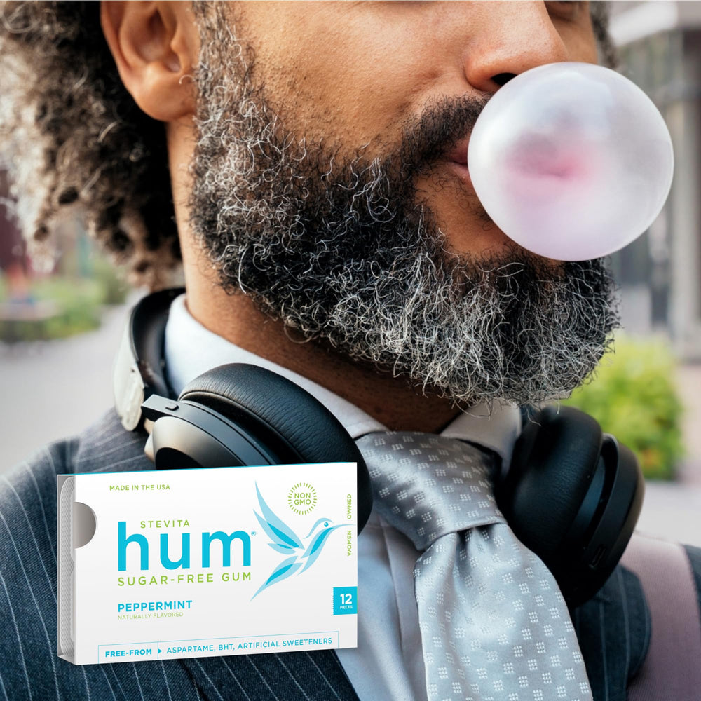 Stevita Hum Peppermint gum on kitchen counter ready to freshen breath