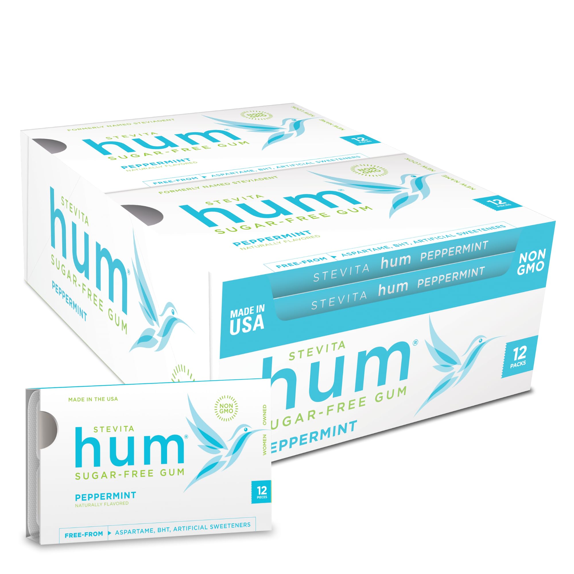 Stevita Hum Peppermint gum pack of 12 pieces ready for on the go freshness