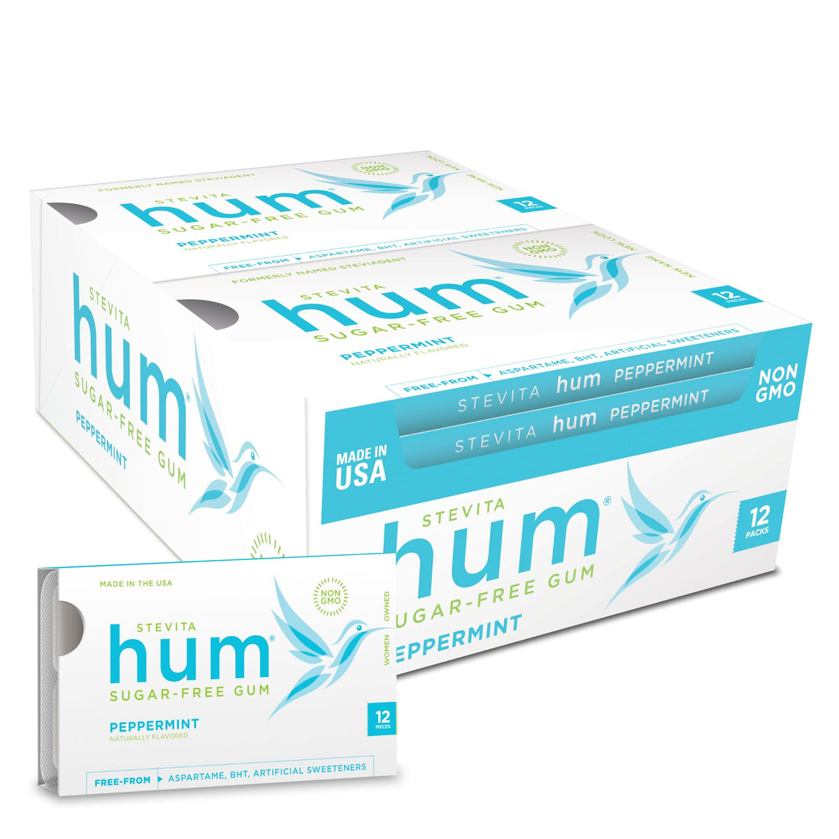 Stevita Hum Peppermint gum pack of 12 pieces ready for on the go freshness