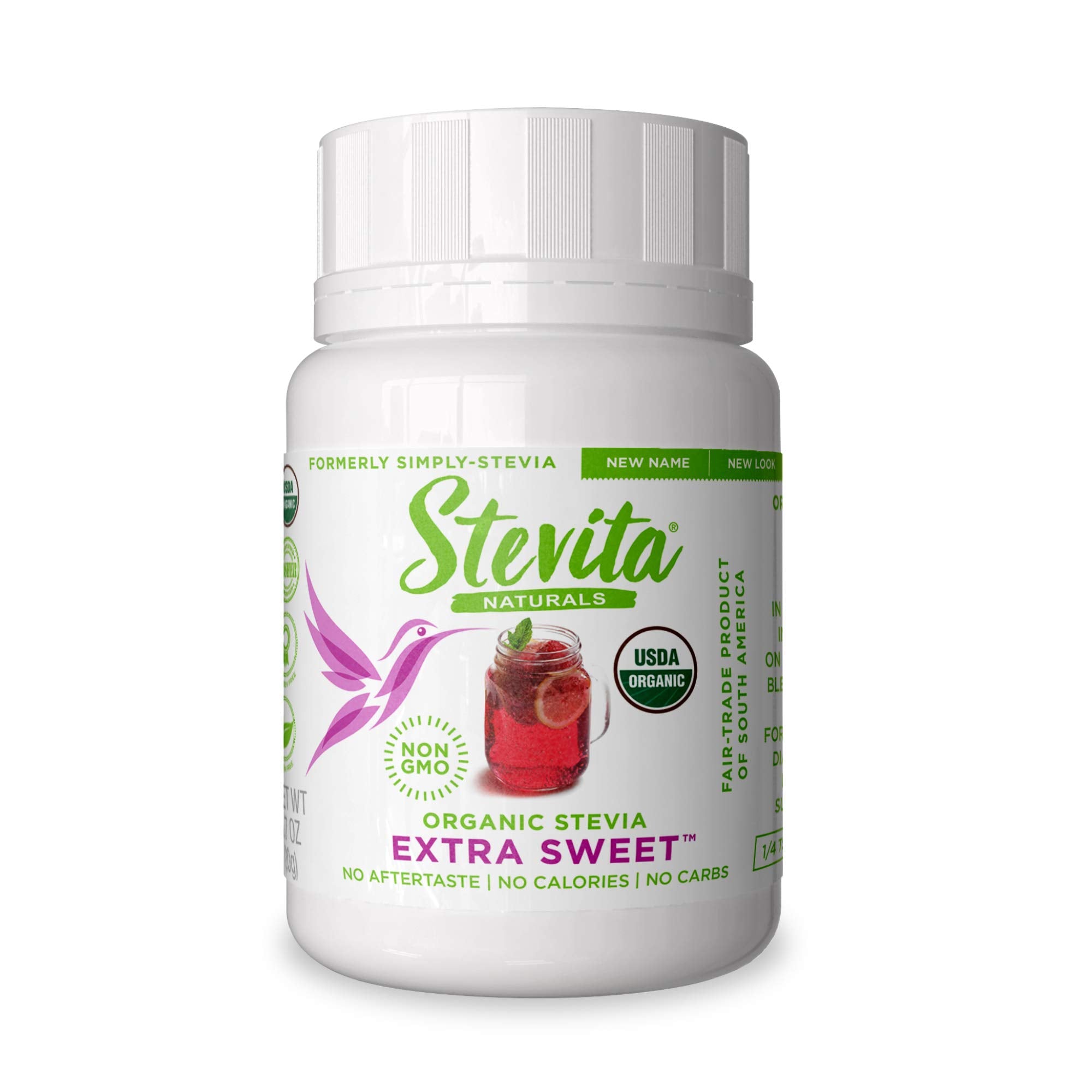 Stevita Organic Stevia Extra Sweet jar shows premium, sugar-free sweetness for daily use