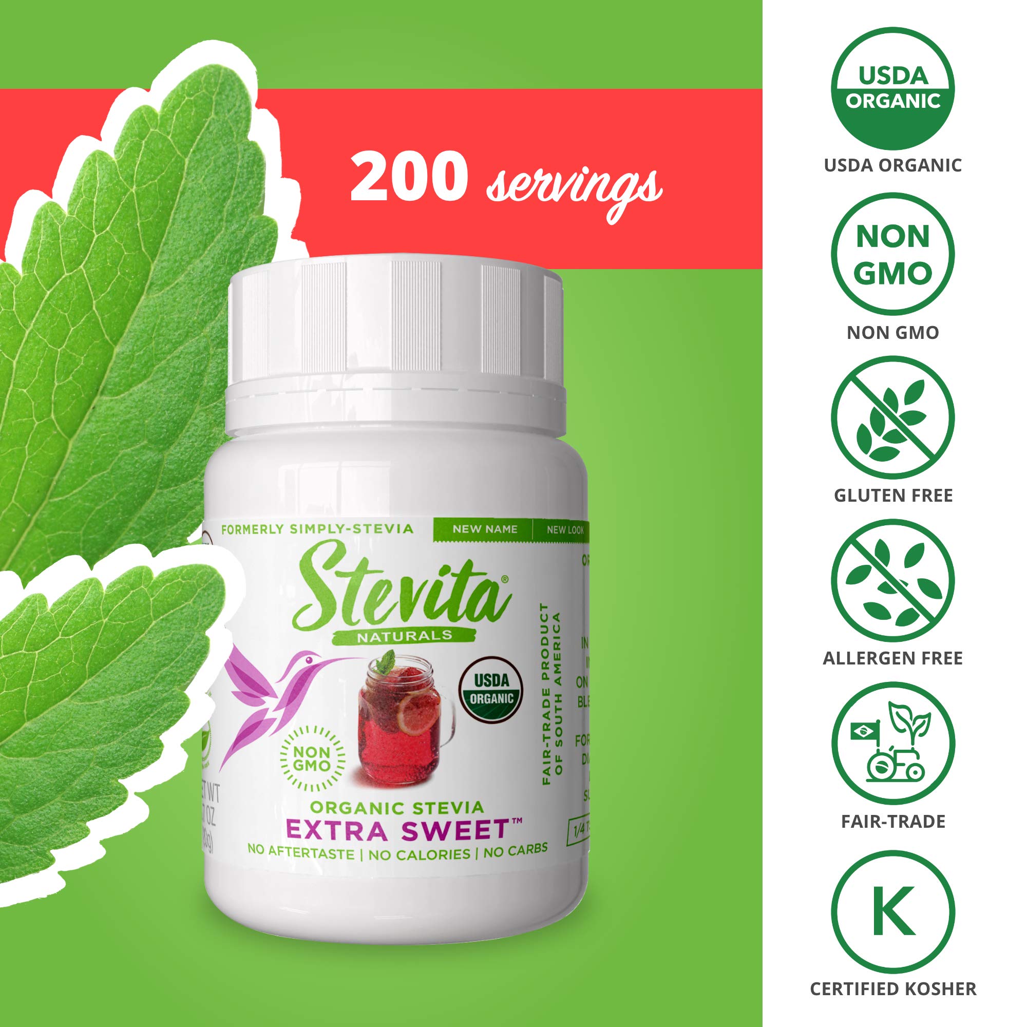 Stevita Organic Stevia label communicates organic, non-GMO, vegan certifications