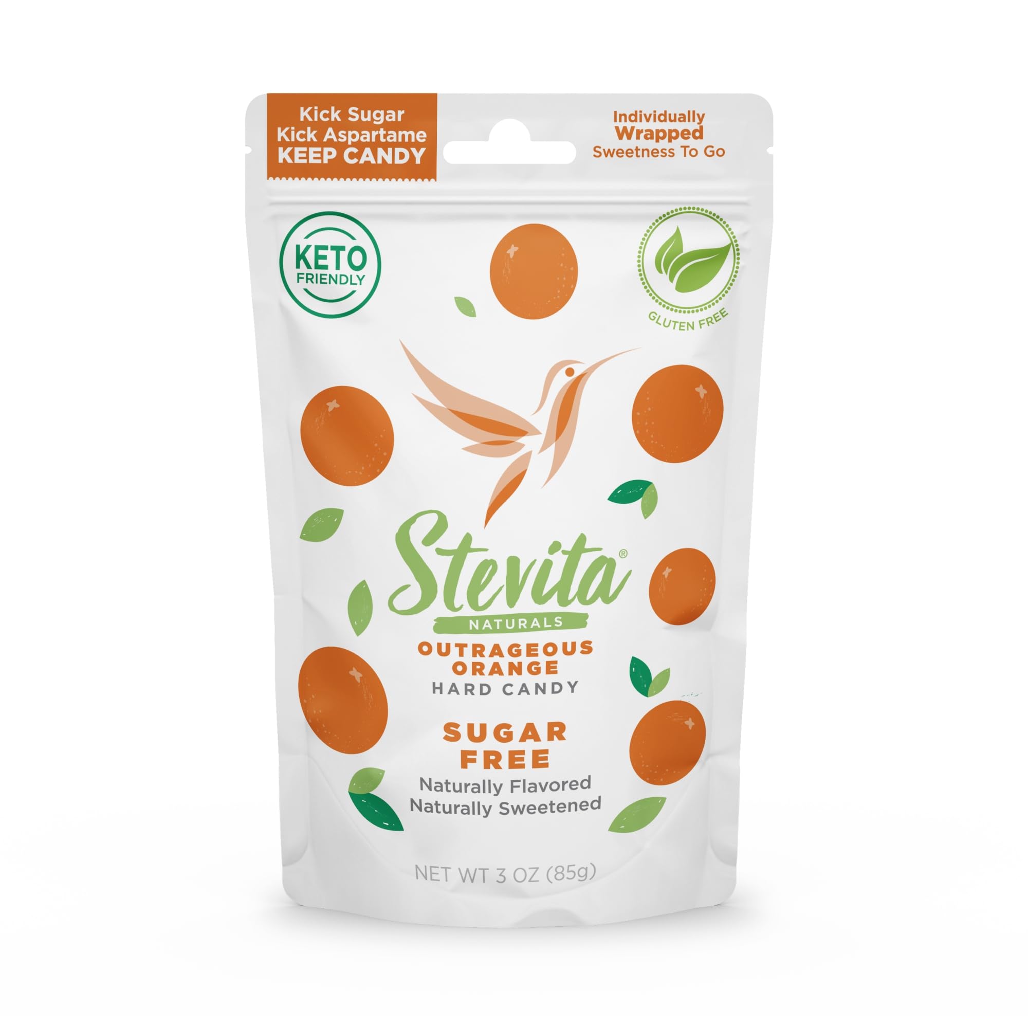 Stevita Outrageous Orange candies in a pack for on-the-go sweetness
