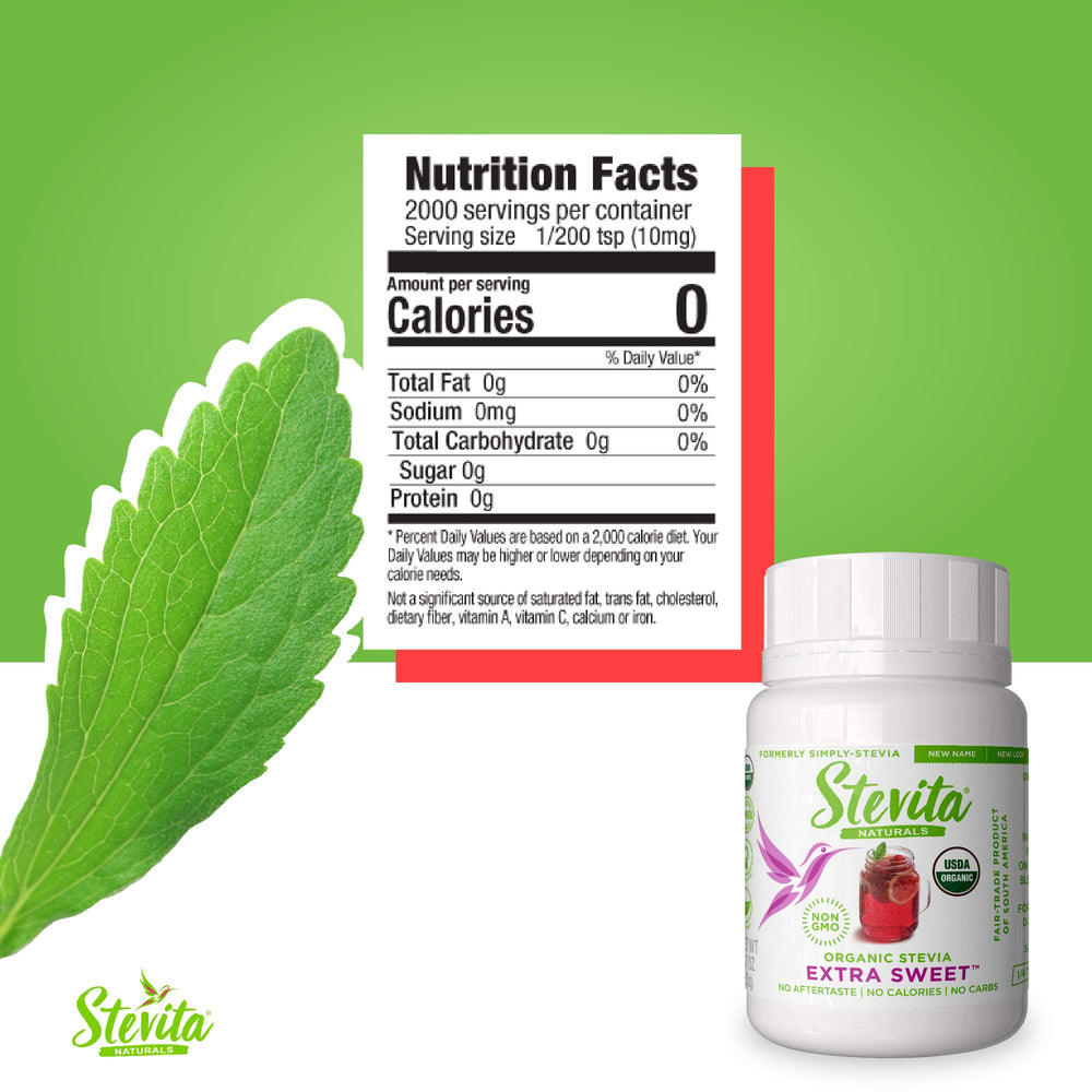 Stevita Stevia powder measuring spoon highlights precise, zero-calorie sweetness