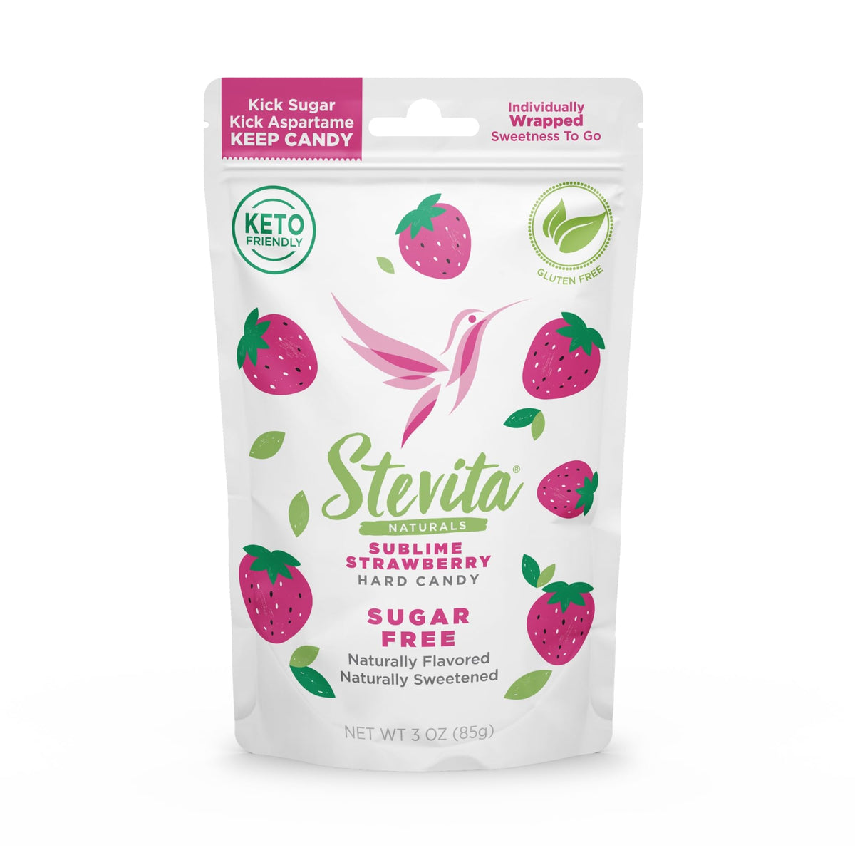 Stevita Sublime Strawberry hard candy pack with six individually wrapped pieces for on-the-go indulgence.