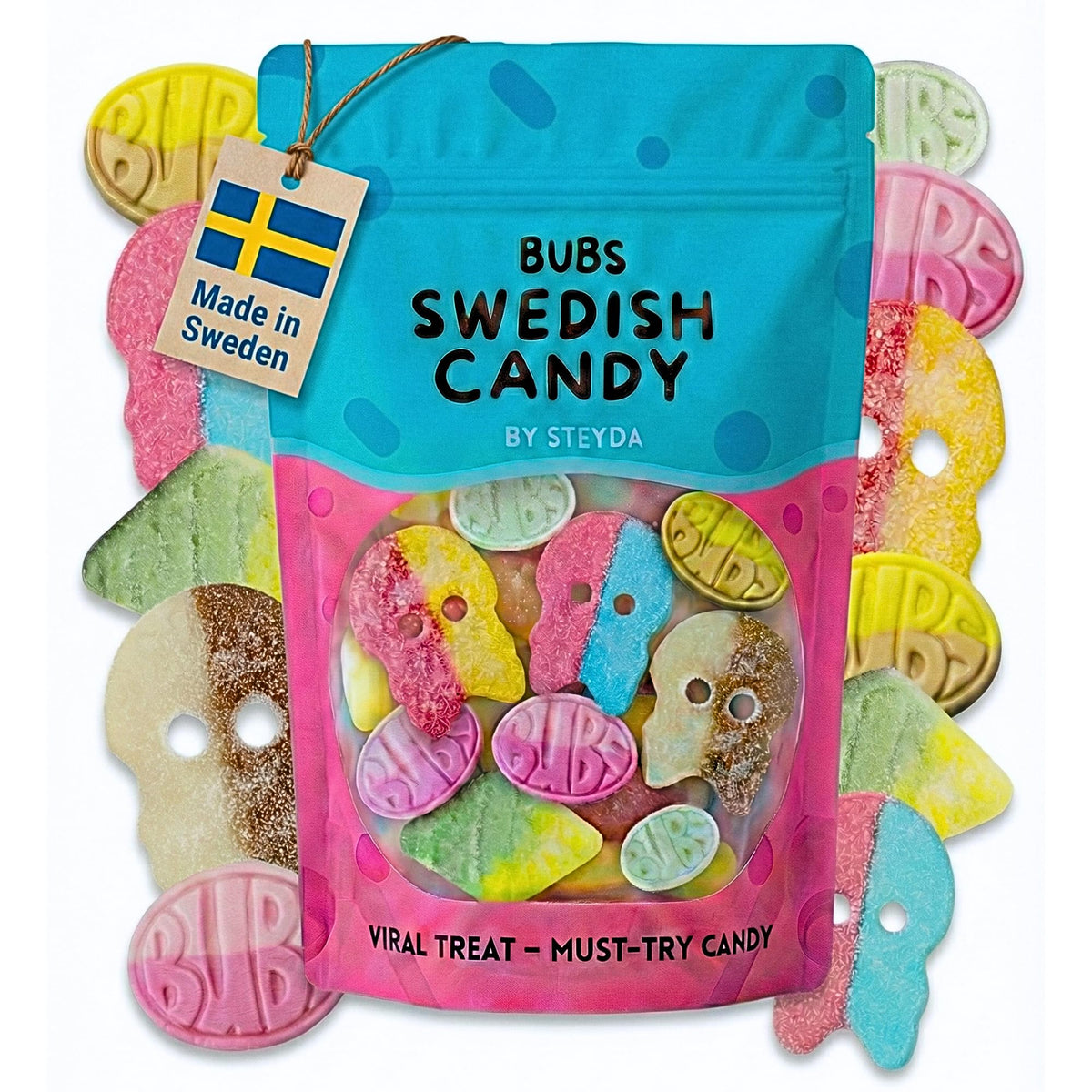 STEYDA BUBS Swedish candy mix skulls in vibrant colors for a playful snack moment.