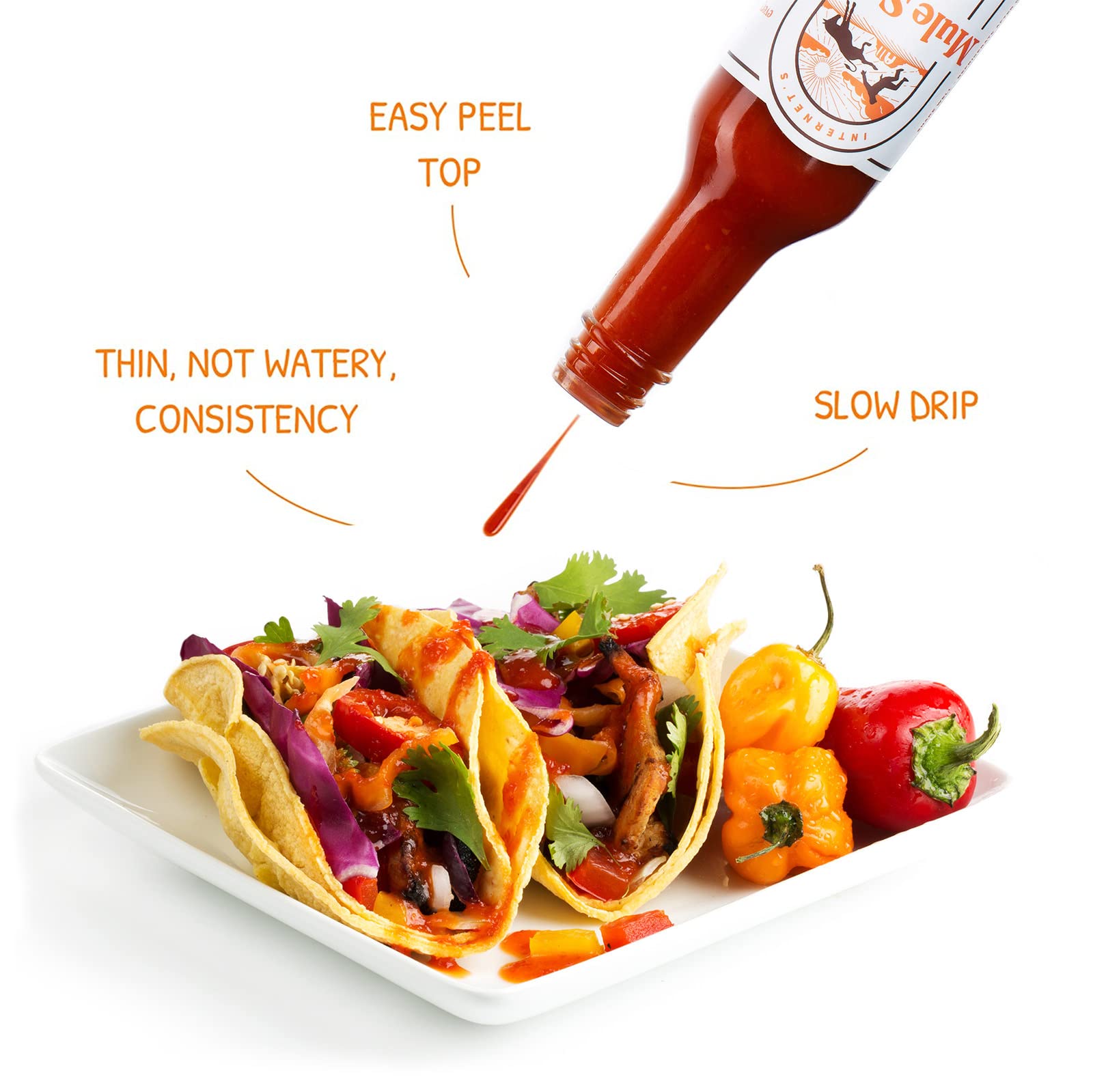 Mule Sauce bottle featuring yellow Scotch bonnet for fruity heat.