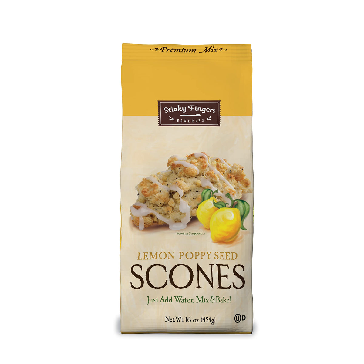 Sticky Fingers Lemon Poppyseed Scone Mix pack on shelf, perfect for quick tea-time treats