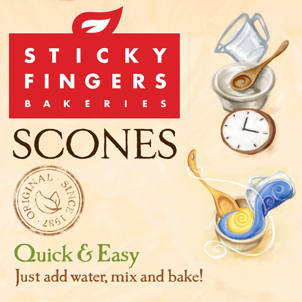 Sticky Fingers scone mix original product box in pantry for everyday baking convenience.