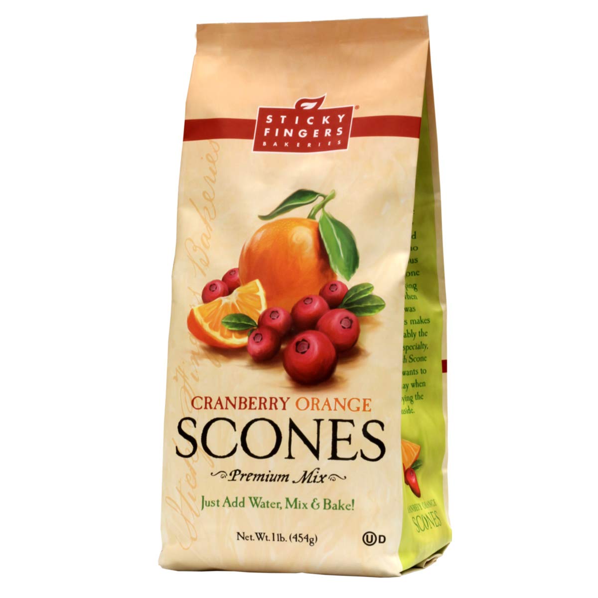 Sticky Fingers Scone Mix Cranberry Orange packaging, 16oz bag for quick weekend baking.