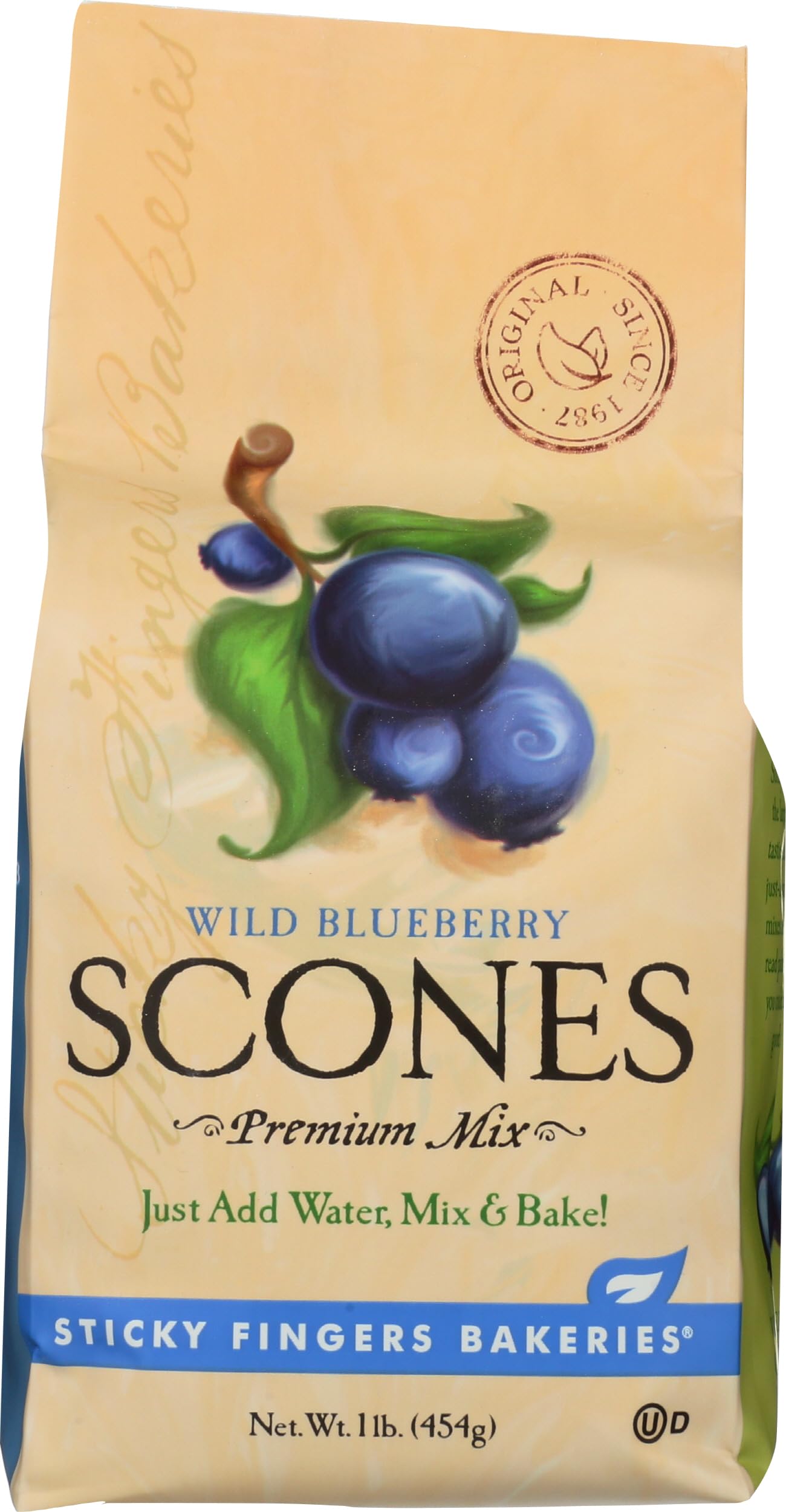 Sticky Fingers Wild Blueberry Scone Mix front label for easy home baking