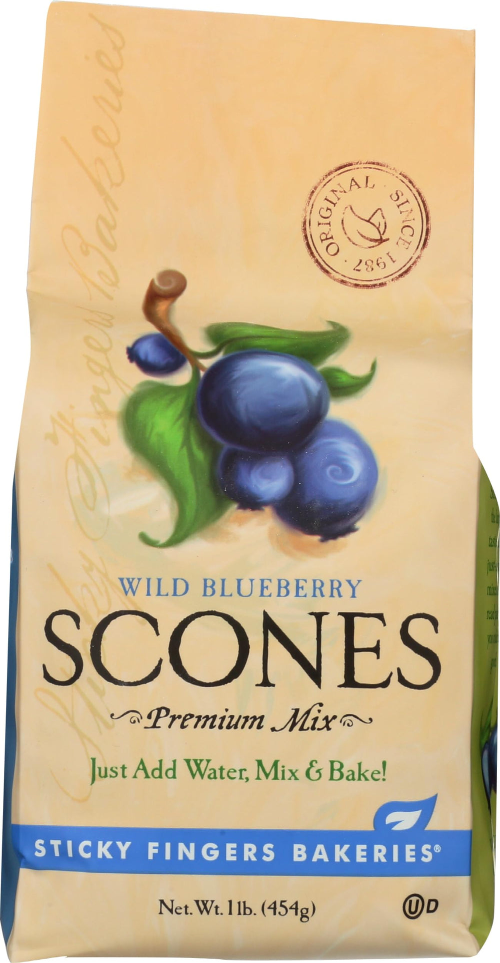 Sticky Fingers Wild Blueberry Scone Mix front label for easy home baking
