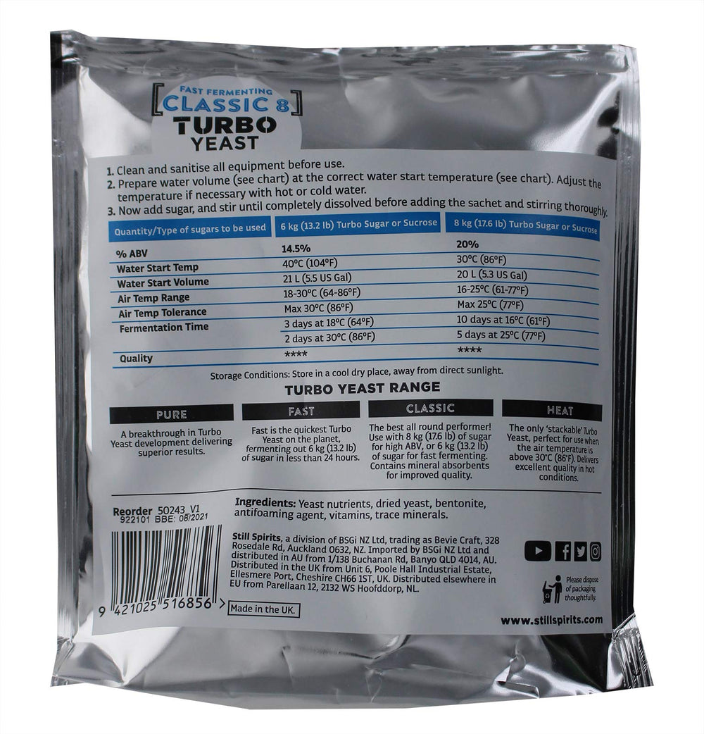 Still Spirits Classic Turbo Yeast 18% 175 g bottle supports efficient home fermentation and high ABV potential.