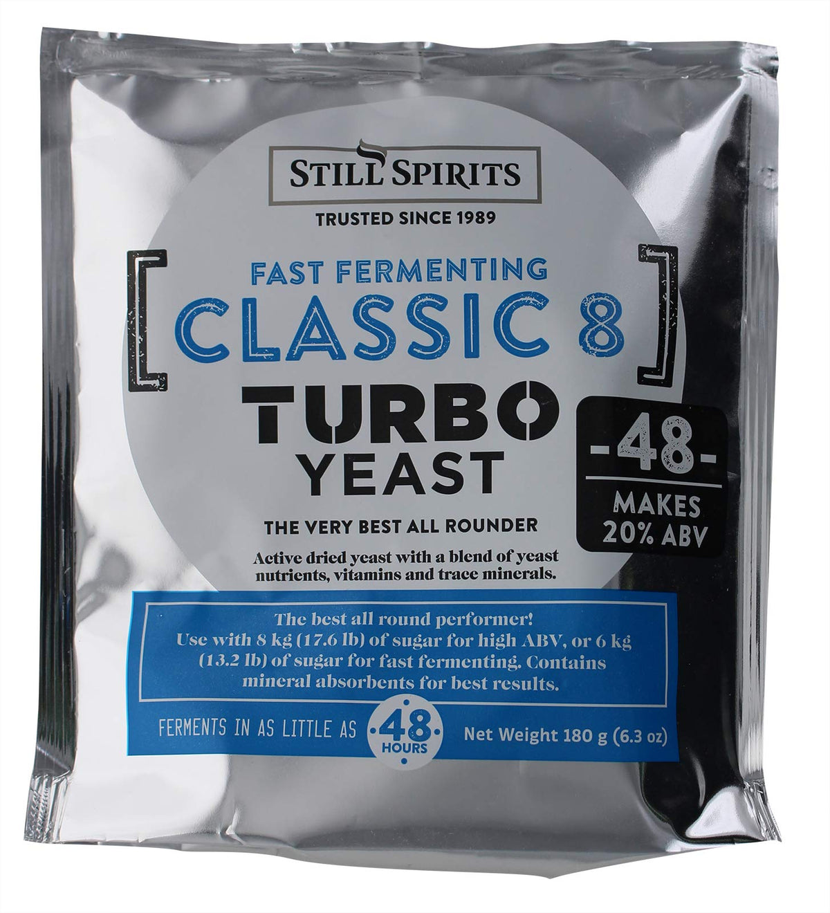 Still Spirits Classic Turbo Yeast 18% 175 g packaging highlights premium quality for fast fermentation.