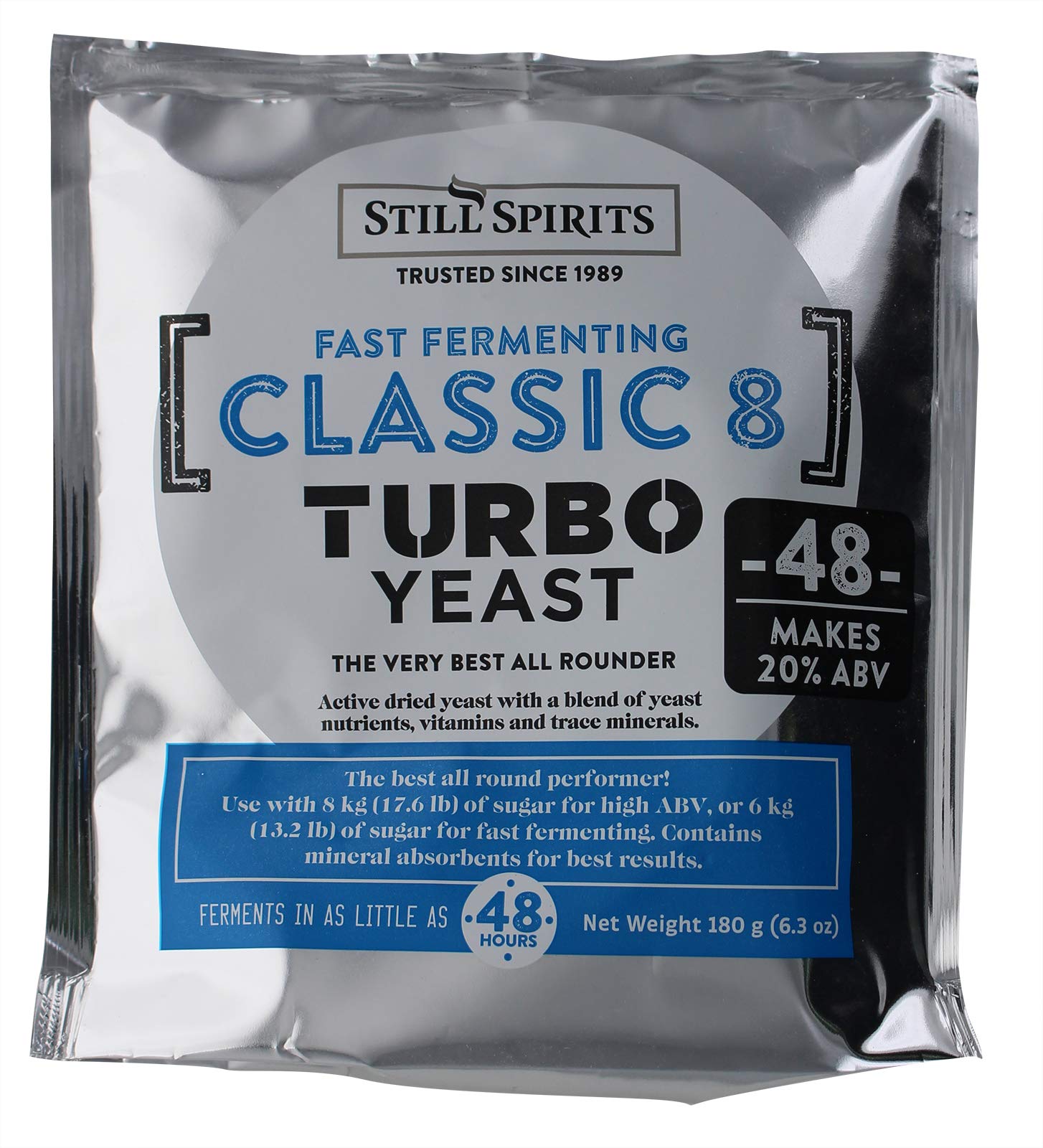 Still Spirits Turbo Classic 8 Yeast pack5 closeup emphasizing purity and efficient fermentation.