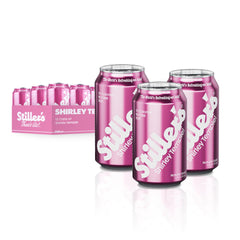 Stillers Shirley Temple Soda 12-pack can closeup highlights bright cherry-lime flavor for refreshing mocktails.