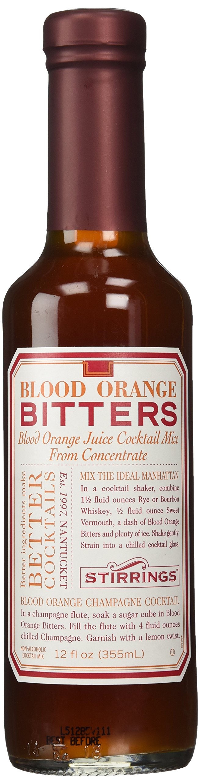 Stirrings Blood Orange Bitters bottle front shows a versatile, alcohol-free flavor base for cocktails.