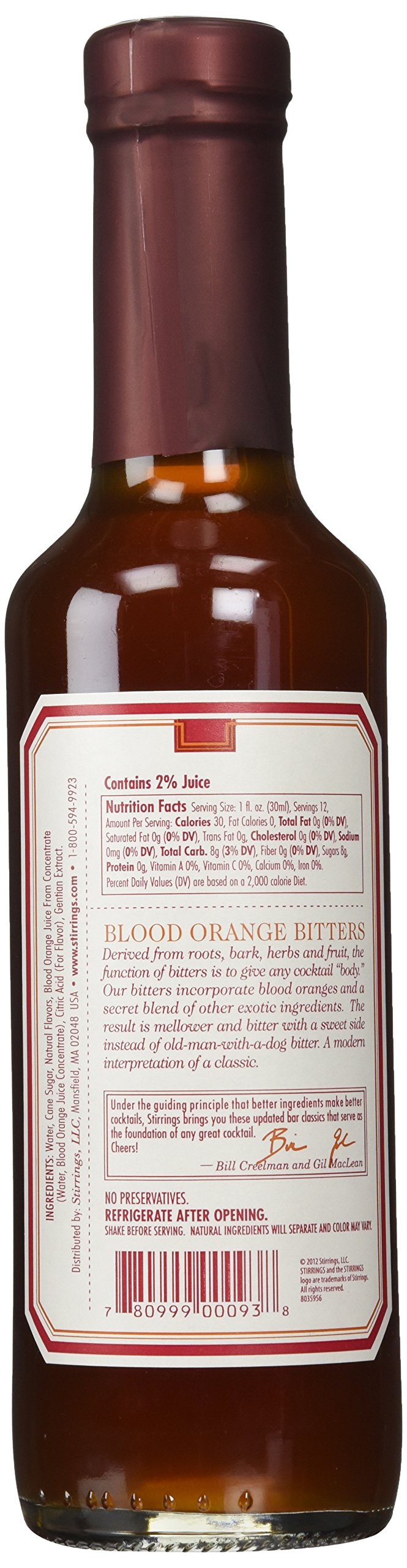 Stirrings Blood Orange Bitters label detail highlights exotic spices for mellow sweetness.