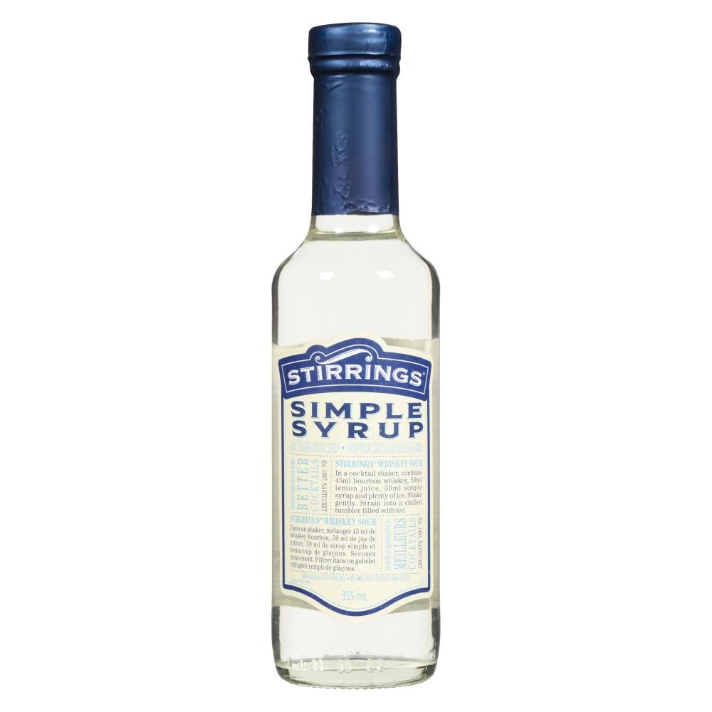 Stirrings Simple Syrup 12oz bottle close-up showing consistent sweetness for drinks