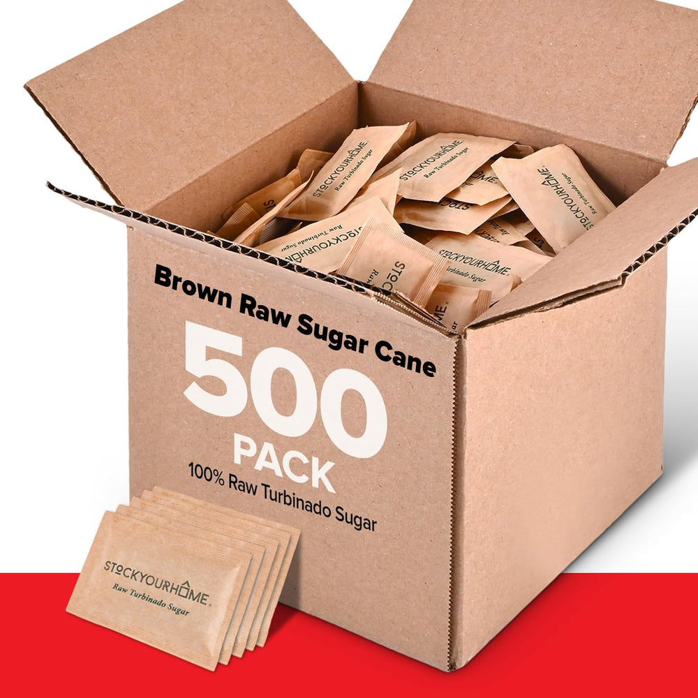 Close-up of Stock Your Home turbinado sugar packets showing 2.55g portions