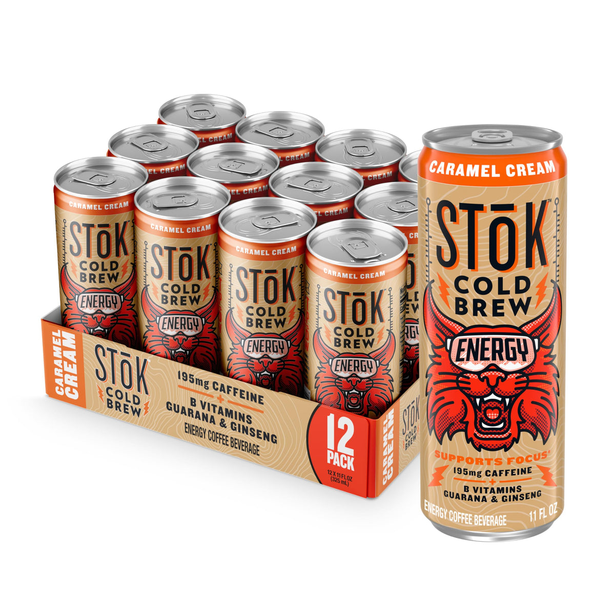 STOK Cold Brew Energy Caramel Cream can front showing bold caffeine for focus