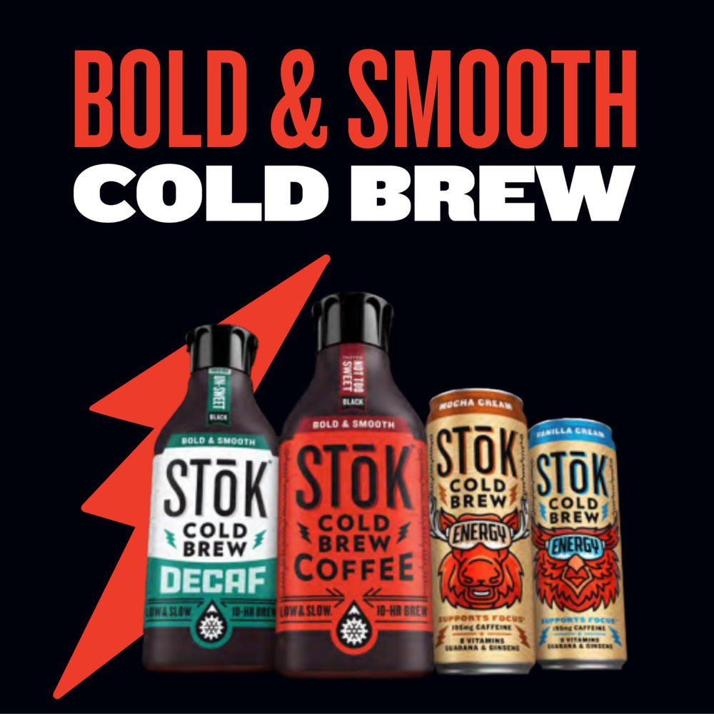 12-pack STOK cans displayed ready for on-the-go energy
