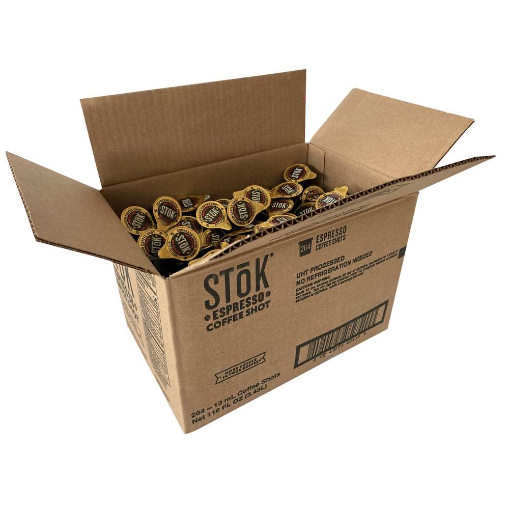 STOK Espresso Shots 264-box front, unsweetened coffee for bold mornings.