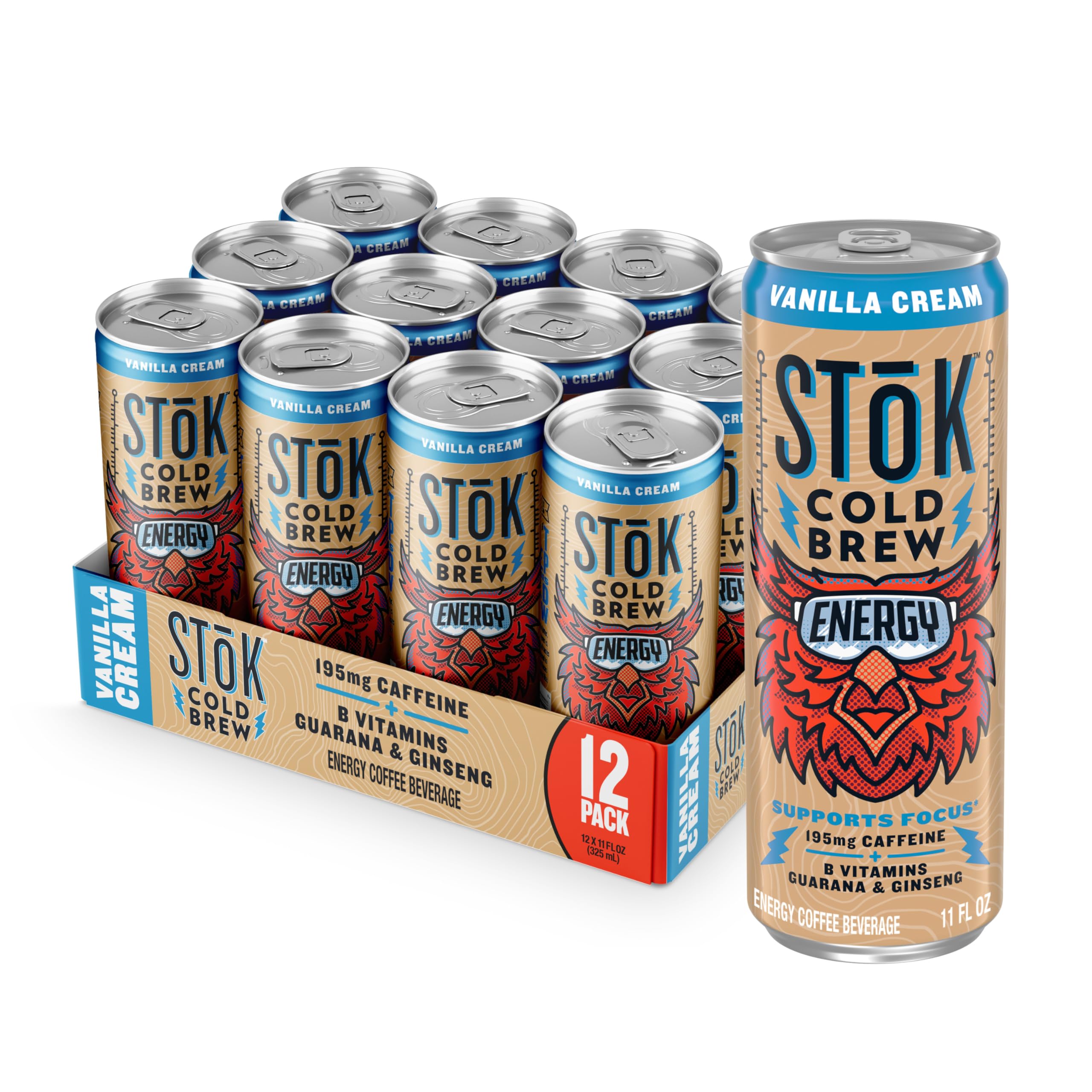 STOK Vanilla Cream Cold Brew can front view for a convenient caffeine boost.
